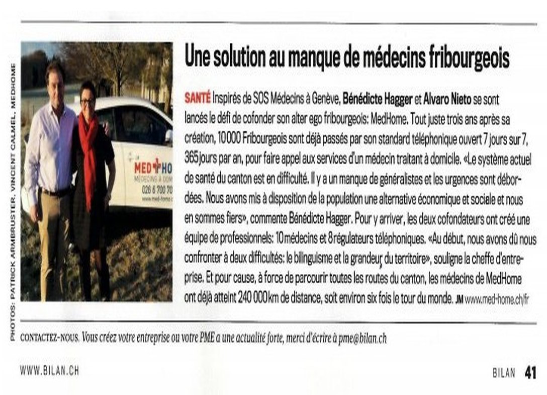 Article de Bilan du 29 janvier 2020 : « Une solution au manque de médecins fribourgeois »